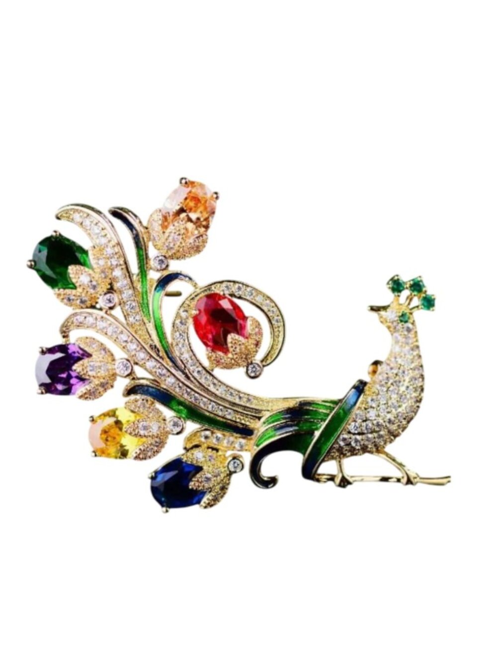 Colorful Crystal Peacock Brooch Pin With Rhinestones & Enamel Detailing